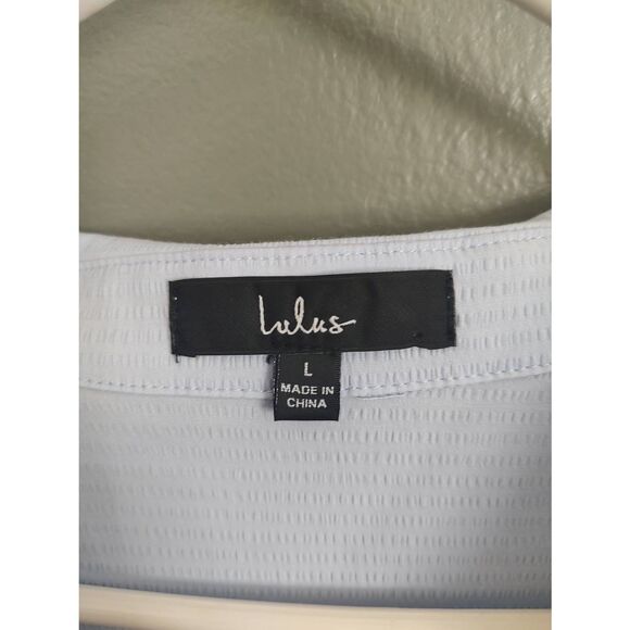 Lulus Size Large Blue Seersucker Short Sleeve Tie Front Bow Back Mini Dress - Picture 6 of 12